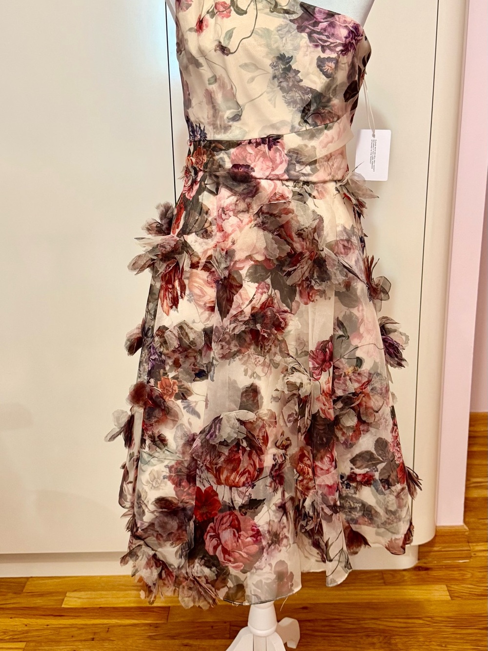 Marchesa Floral Appliqué Organza Cocktail Dress in Pink, Cream & Green